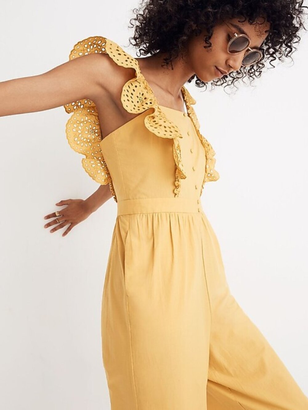 Madewell Eyelet Frilled-Strap Jumpsuit Mustard Gold Eyelet Sz 8 J1940